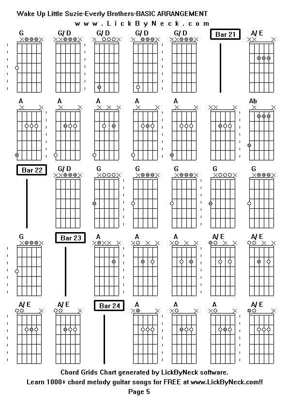 Chord Grids Chart of chord melody fingerstyle guitar song-Wake Up Little Suzie-Everly Brothers-BASIC ARRANGEMENT,generated by LickByNeck software.